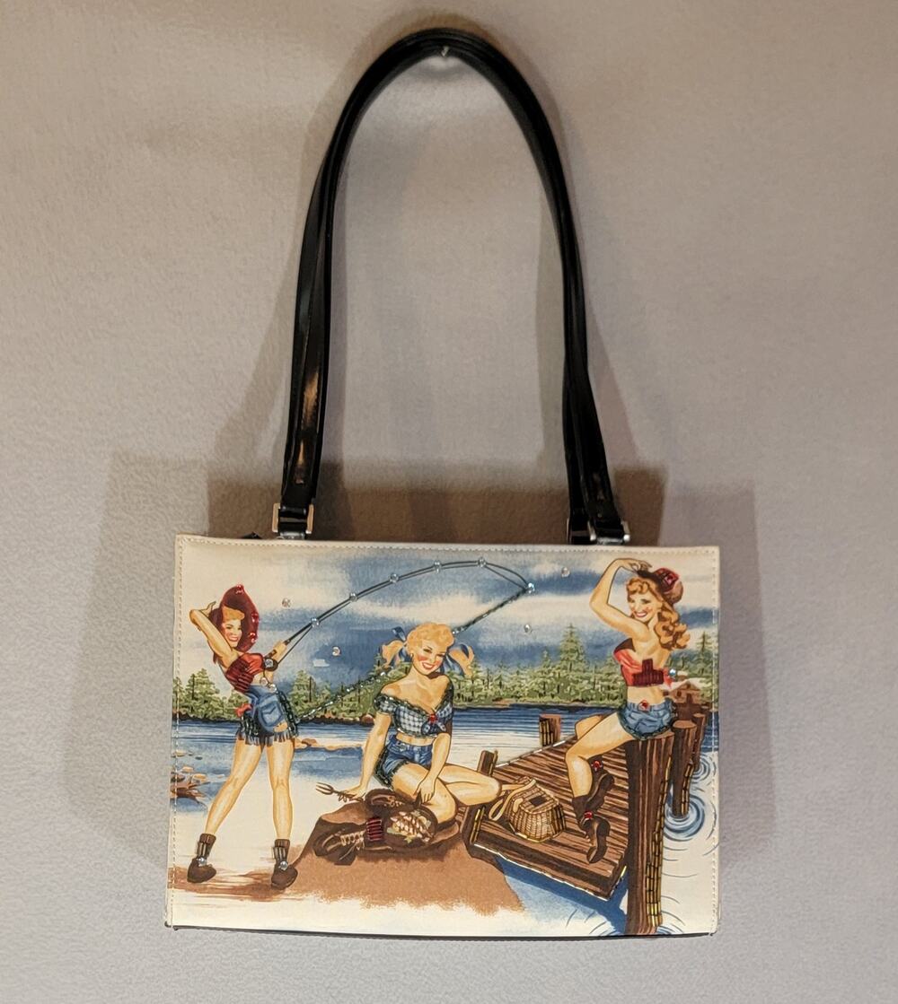 Vintage Y2K Pin Up Girls Fishing Tote Handbag Bedazzled Rhinestone Lake Scene